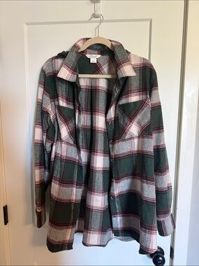 Natural Reflections Green and White Plaid Shacket with Red Accents
